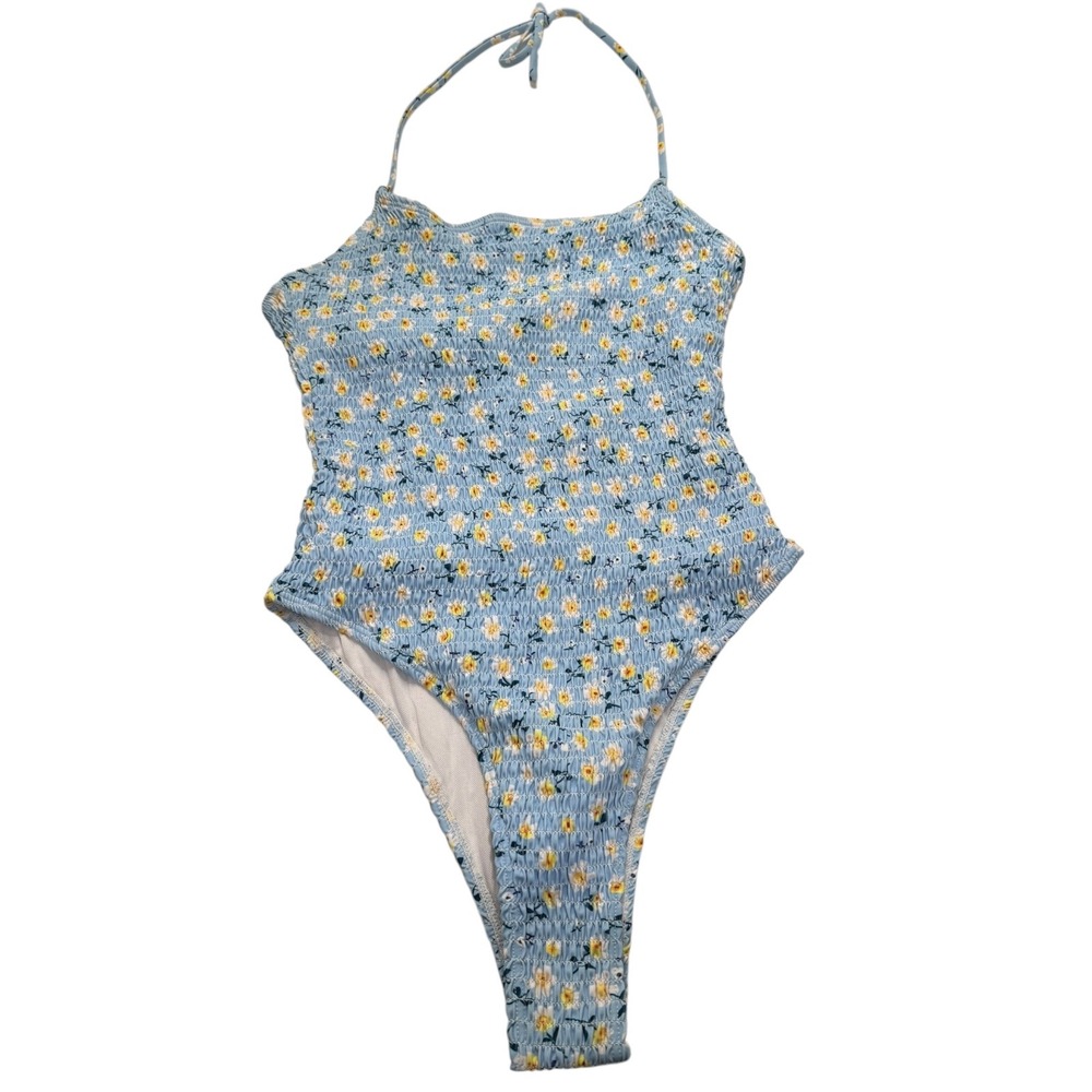 Floral Smocked One Piece Swimsuit High Cut Leg Halter Neckline Blue‎ Size M 560